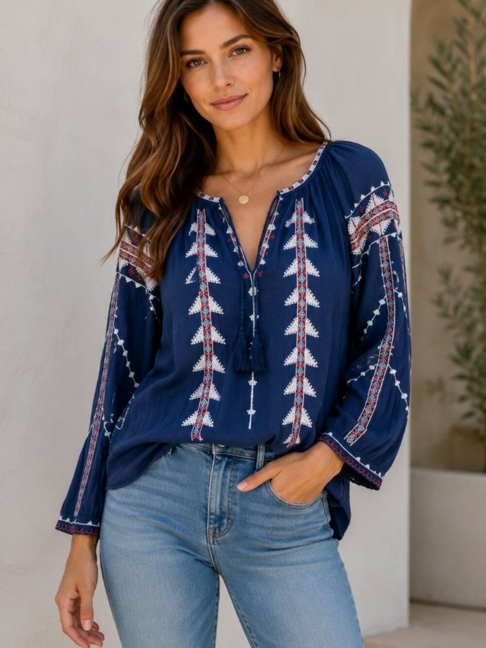 Parker Felicia Bell Sleeve Embroidered Long Sleeve Tunic Peasant Boho Hippie